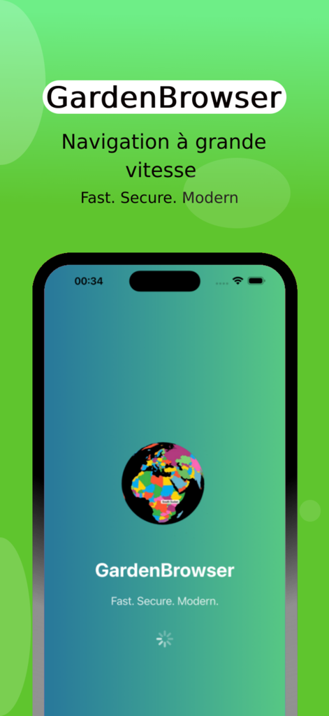 Garden TV browser - GardenBrowser splash screen displaying a colorful globe icon and slogans for fast secure and modern browsing
