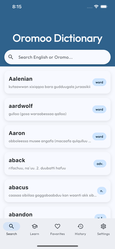 Oromo English Dictionary - Oromo English Dictionary app search interface showing English words and Oromo translations