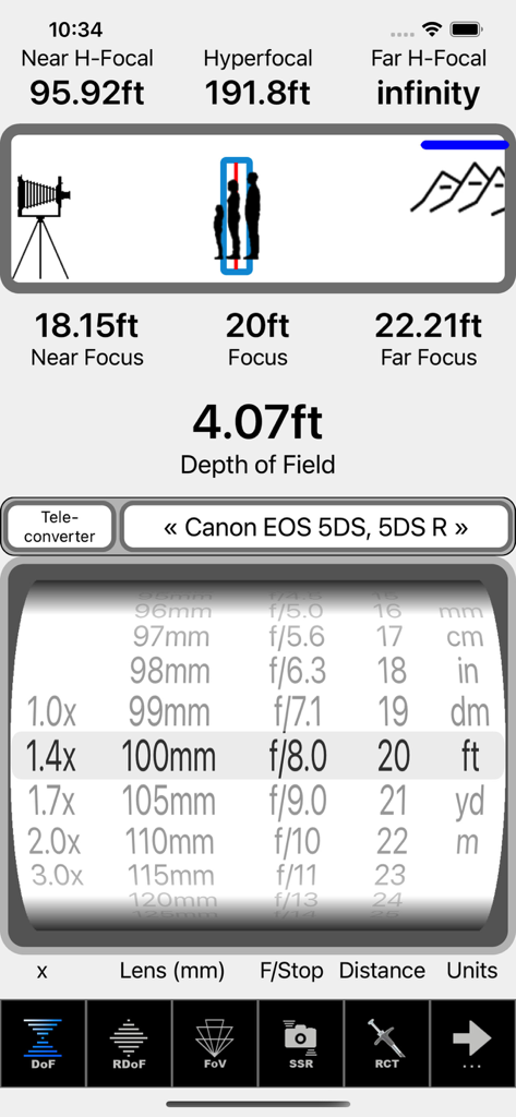 SetMyCamera depth of field and hyperfocal distance calculator interface