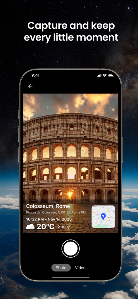 Mappa App-Oberfläche, die ein Foto des Kolosseums in Rom mit GPS-Geotag-Daten einschließlich Koordinaten und Wetter zeigt