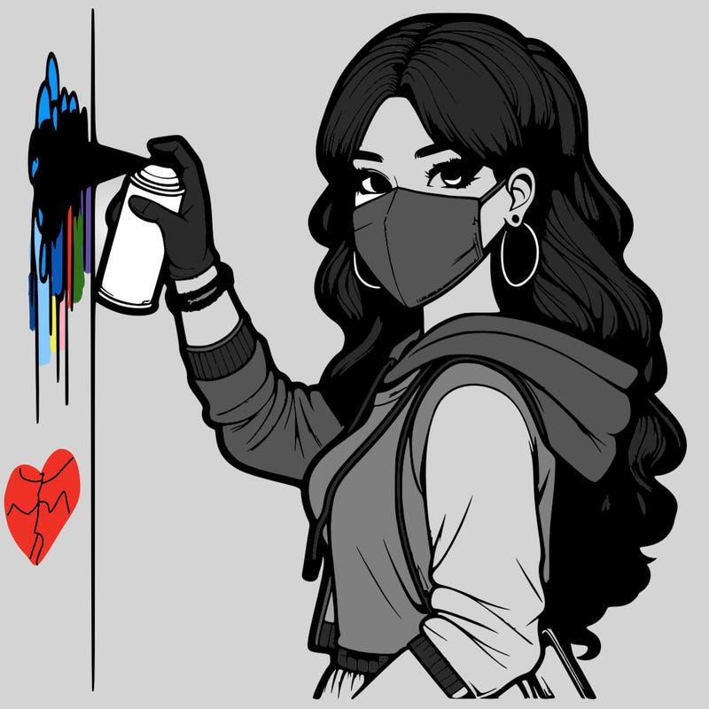 realistic girl with mask spray painting a wall