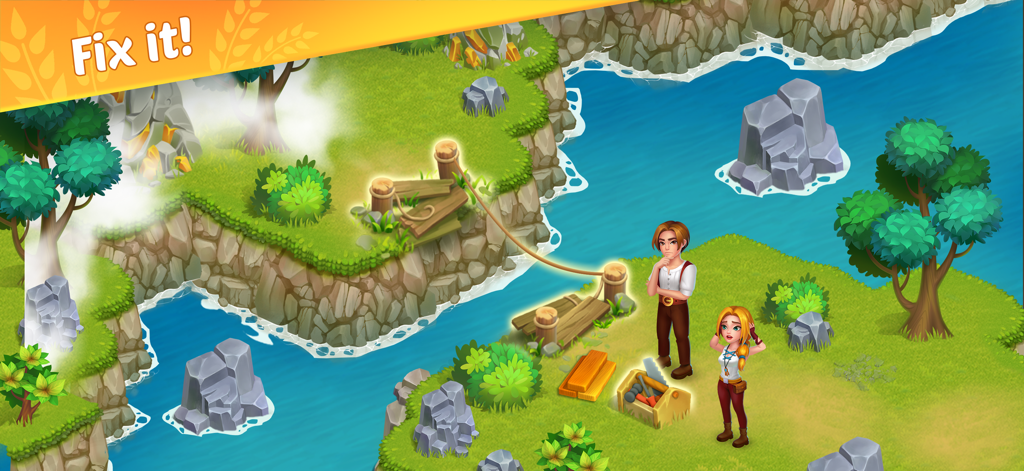 Dreamy Harvest: Farm Island - Amelia and her companion standing by a broken rope bridge on a tropical island with a toolbox and wood planks
