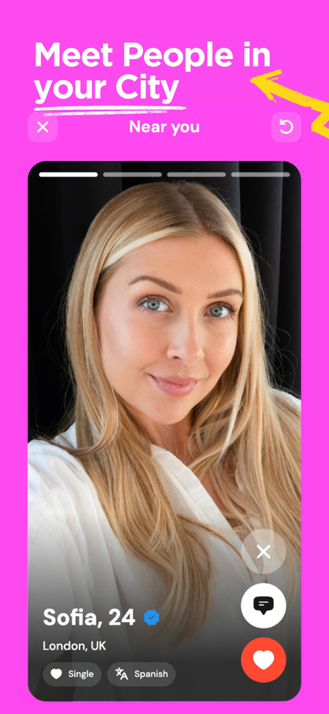 InMessage : Nearby Dating - InMessage app interface showing a profile of a young woman named Sofia for nearby dating