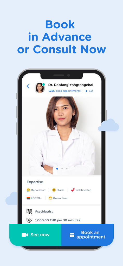 Pantalla de la aplicación Ooca que muestra el perfil de un psiquiatra con experiencia en estrés y depresión y opciones para consulta instantánea o reserva