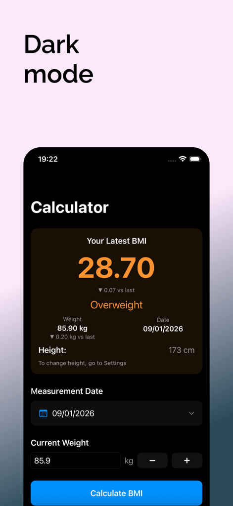 BMI Calculator – Health Tool - Panel de la aplicación Calculadora de IMC en modo oscuro que muestra los resultados del índice de masa corporal
