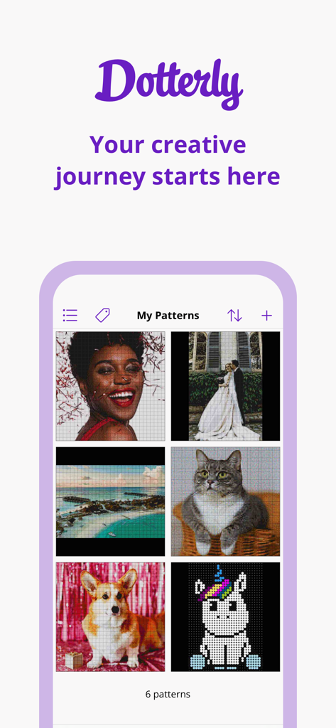 Dotterly: Diamond painting - Dotterly app gallery showing custom diamond painting patterns made from photos of pets, people, and landscapes