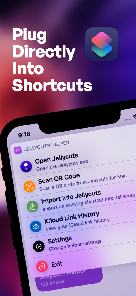 Jellycuts - iPhone displaying the Jellycuts Helper menu with integration options for Apple Shortcuts.