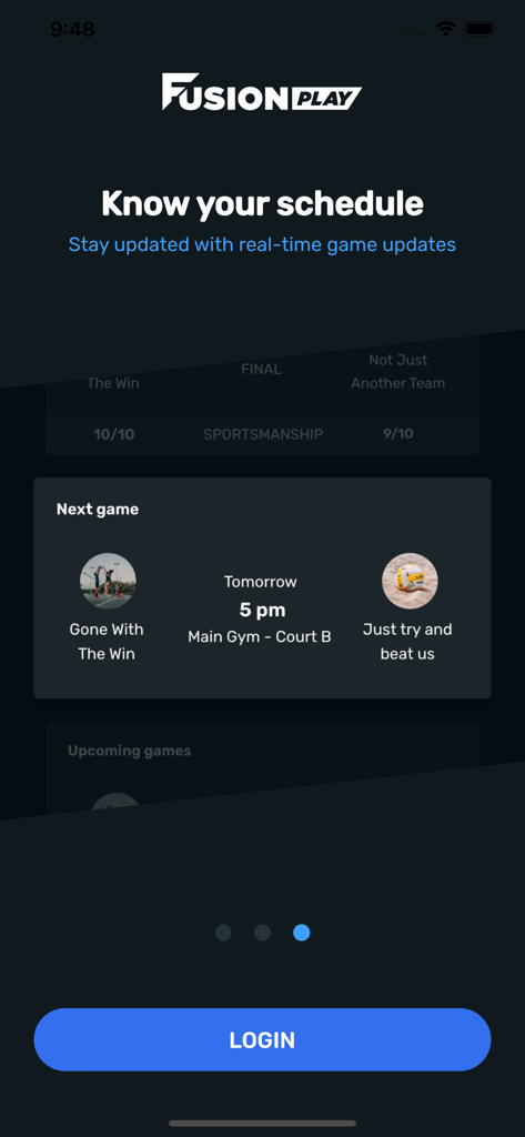 Fusion Play - Intramural sports schedule screen in the Fusion Play app showing team game times and locations.