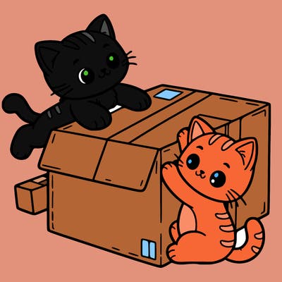 two cute cats playing with a large cardboard box
