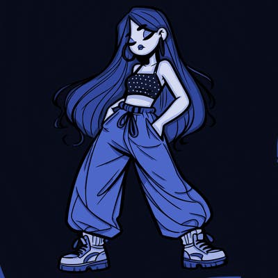 girl in baggy pants crop top and long hair