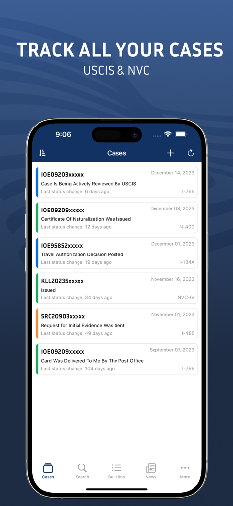 Dashboard of the Case Tracker app displaying a list of tracked USCIS and NVC immigration cases with their current status updates