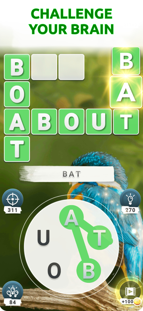 Word Connect - Words of Nature - Un écran de puzzle Word Connect avec un arrière-plan naturel, un oiseau bleu et une roue de connexion de lettres