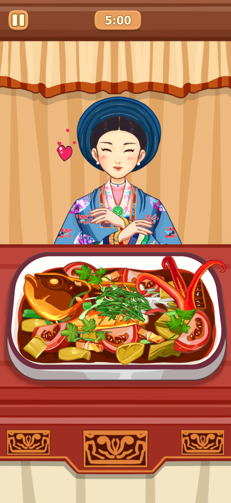 A serene character in traditional blue clothing presenting a colorful fish stew in a cozy kitchen