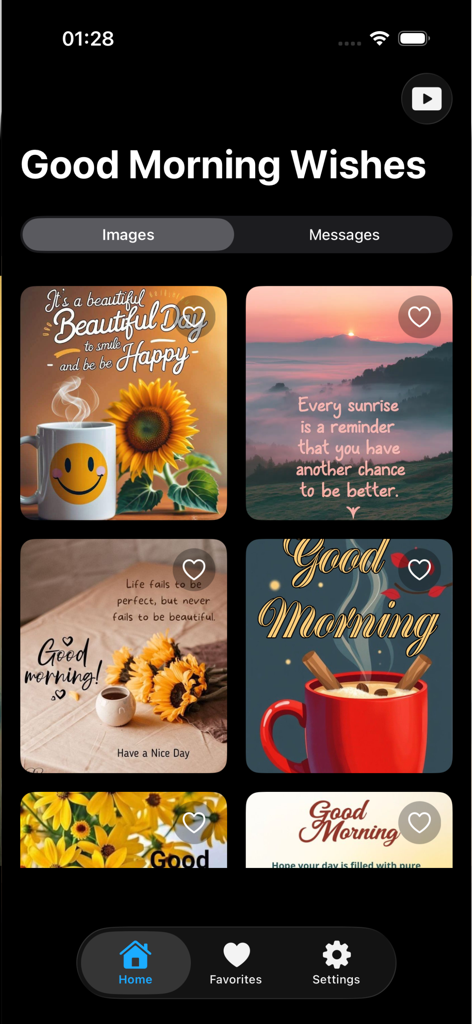 Good Morning GIFs - ポジティブな朝の挨拶と感動的な引用のギャラリーを特徴とするおはようGIFアプリのインターフェース。