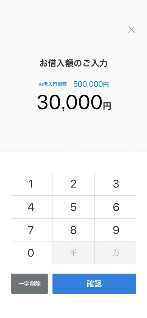 PayPay Bank Loan app screen for entering a loan amount using a numeric keypad