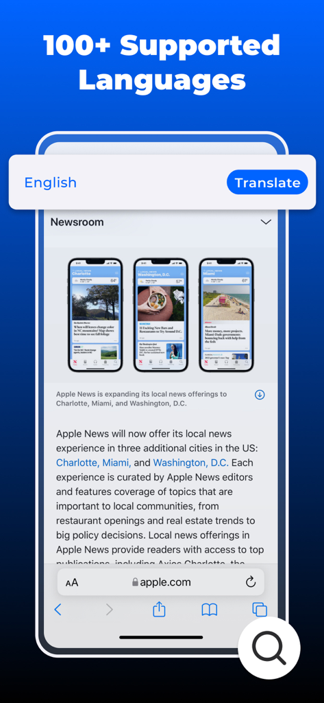 Website Translator for Safari - Extension Traducteur Web pour Safari affichant plus de 100 langues prises en charge sur un écran mobile