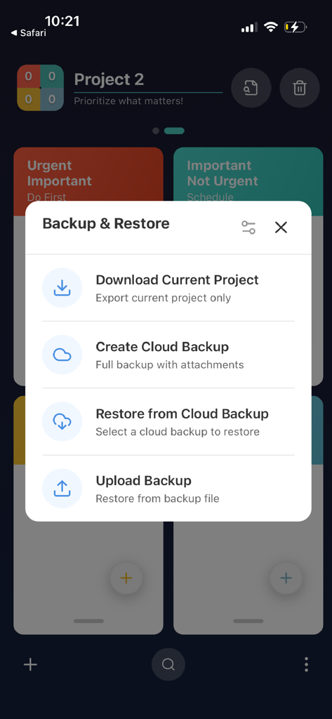 Quadrix - Backup and Restore settings menu in the Quadrix productivity app.