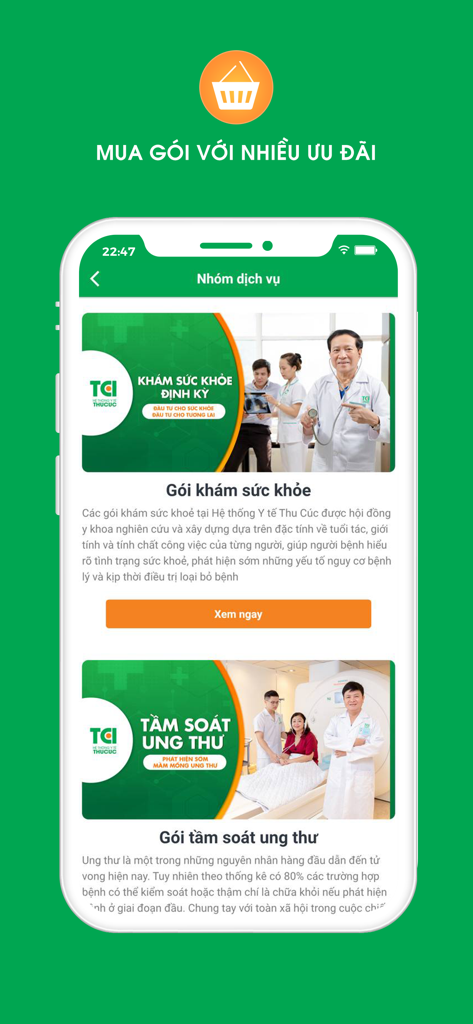 TCI - Hospital - TCI Hospital app screen displaying health checkup and cancer screening service packages