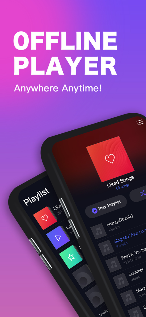 Offline Player music app showing playlist and liked songs interface