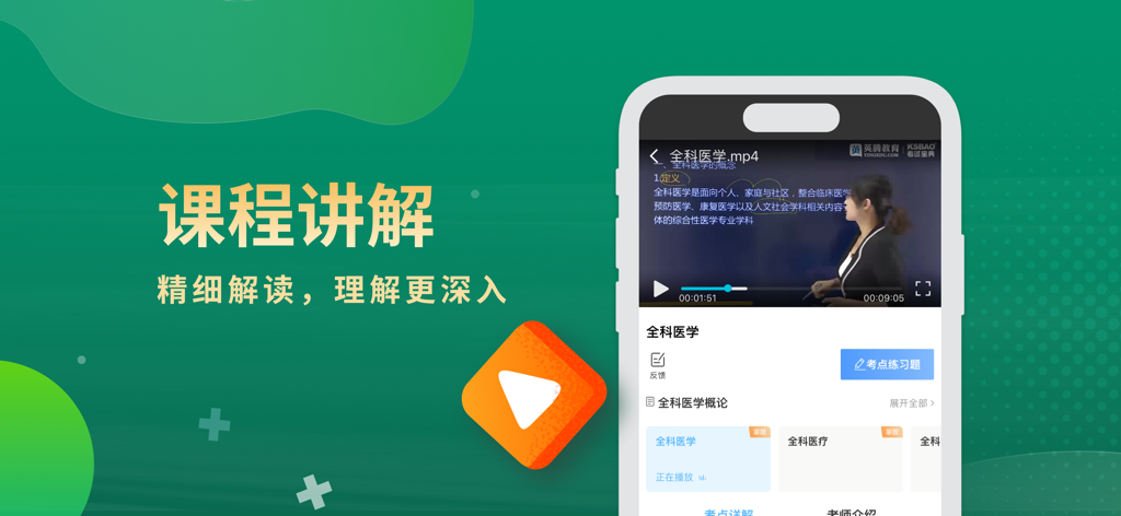 考试宝典-医考题库医学教育医师助手 - Tela de smartphone mostrando uma videoaula de exame médico em chinês do aplicativo Enciclopédia de Exames