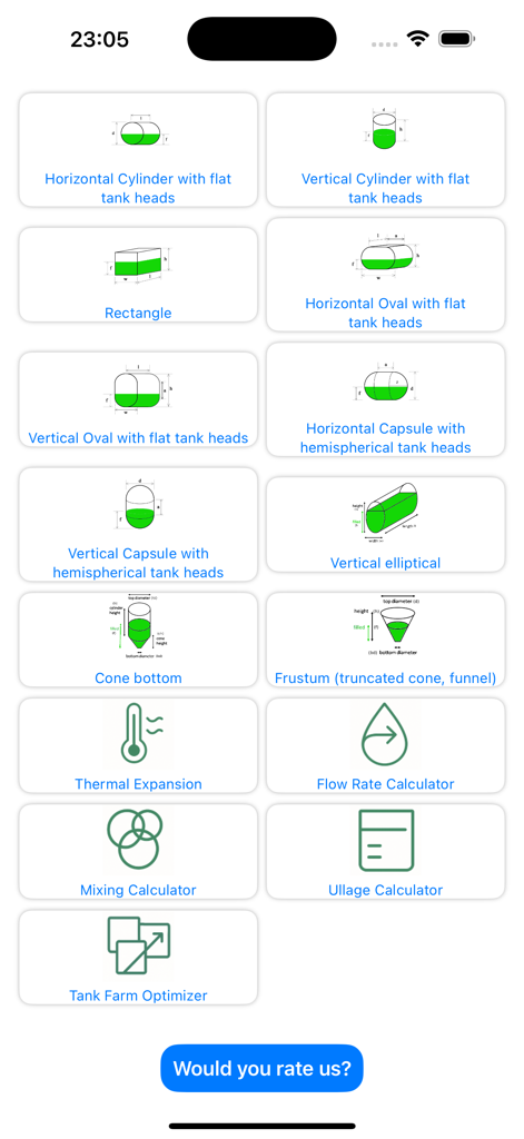 Tank Measure: Volume Calc - Selection screen of the Tank Measure app featuring various tank geometry types and utility calculators