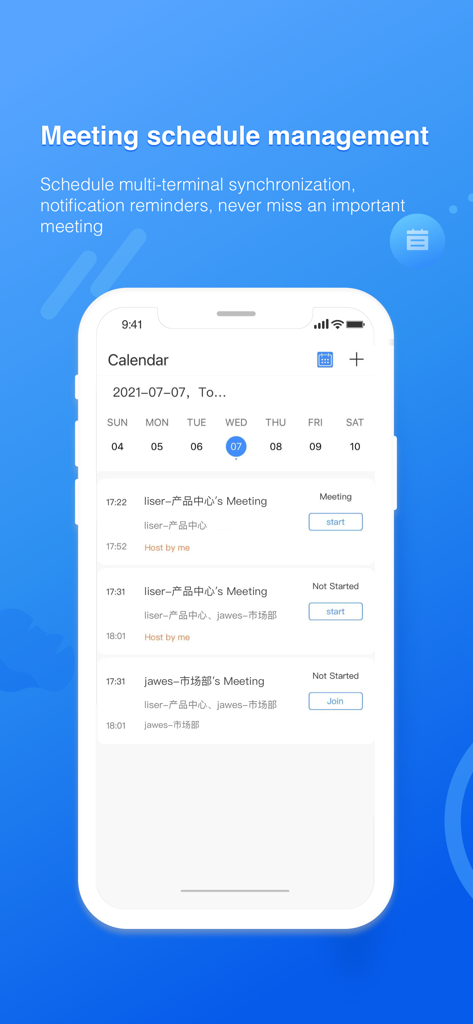 Zhumu Mobile App-Oberfläche, die einen Kalender und eine Liste geplanter Videokonferenzen anzeigt.