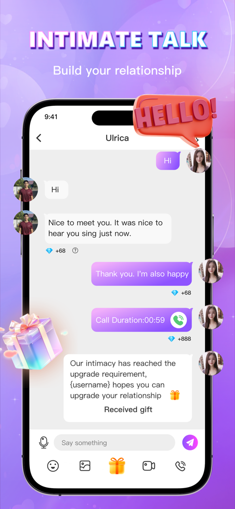 HATI: NGL, Chat, Voice Party - HATI app chat screen showing private messaging and virtual gift features