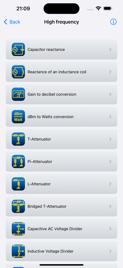 Electronic Circuits Calc Pro - High frequency menu screen in the Electronic Circuits Calc Pro app showing tools for reactance, attenuators, and voltage dividers.