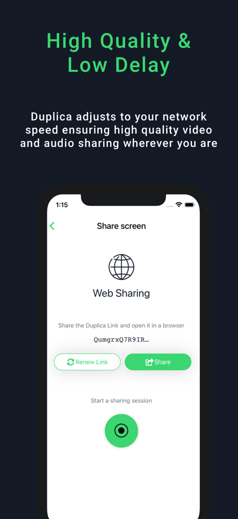 Duplica - iOs Share Screen - Interfaz de la aplicación Duplica en iPhone que muestra el uso compartido de pantalla web con un enlace para compartir y un botón de inicio de sesión