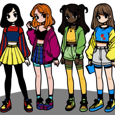 one girl with crop-top shirt and a jacket with a skirt, long socks and another girl with a shirt and pants with a jacket