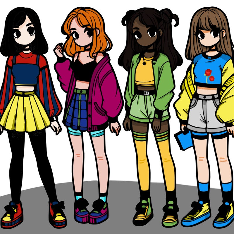 one girl with crop-top shirt and a jacket with a skirt, long socks and another girl with a shirt and pants with a jacket