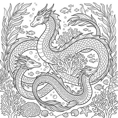 Unleash your artistic spirit with this captivating coloring page featuring three magnificent sea serpents. Designed with seniors in mind, it offers clear outlines and engaging details for a relaxing and rewarding creative experience.