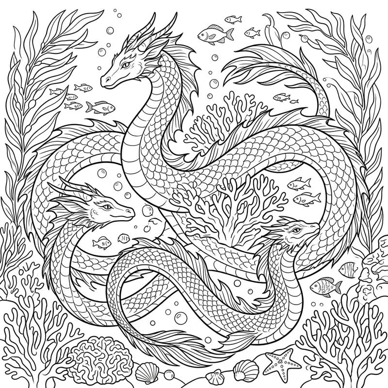 Unleash your artistic spirit with this captivating coloring page featuring three magnificent sea serpents. Designed with seniors in mind, it offers clear outlines and engaging details for a relaxing and rewarding creative experience.