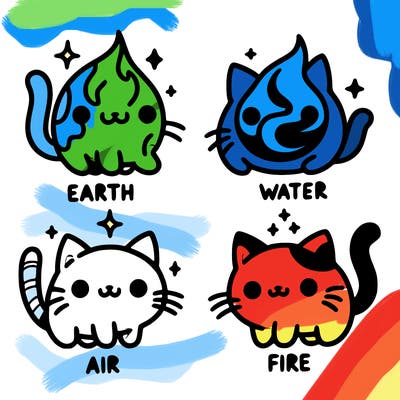 4 cats that represent the different elements, earth, water, air, and fire