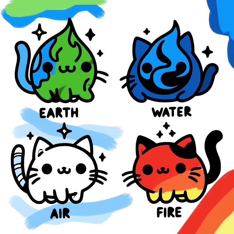 4 cats that represent the different elements, earth, water, air, and fire