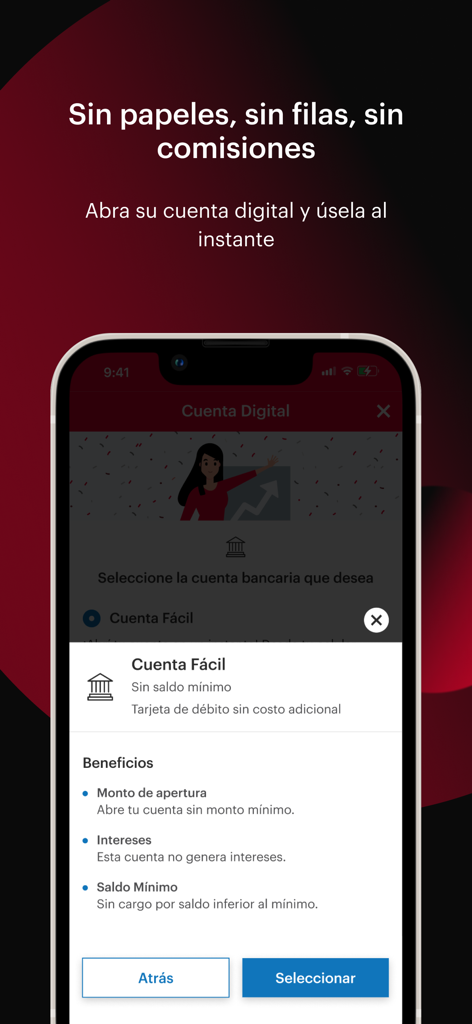 Interfaz de la aplicación Banca Movil BAC que muestra el proceso de apertura de cuenta digital para la opción Cuenta Fácil.