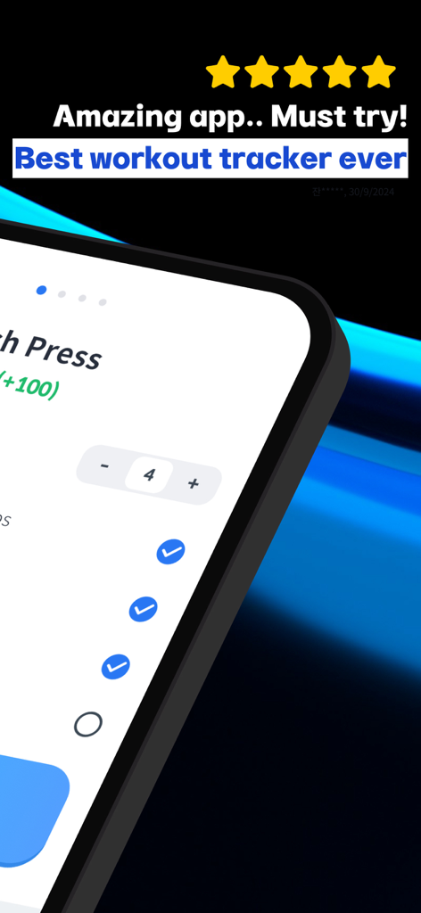 RISE workout tracker app interface with a five star rating and user review