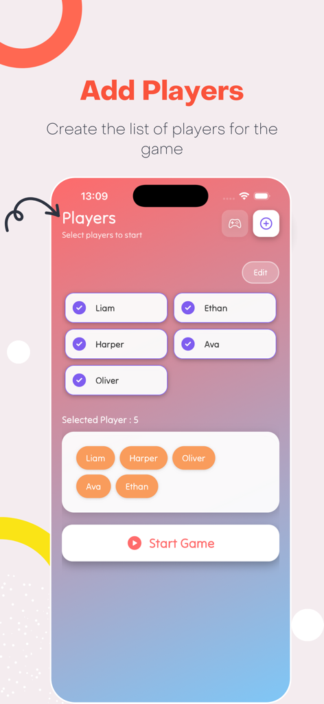 Phase 10 Scoreboard - Interface of the Phase 10 Scoreboard app showing how to add and select players for a new game