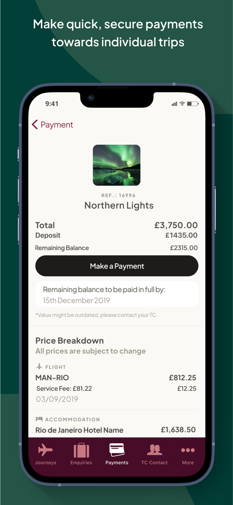 myTC - Travel Counsellors - A smartphone screen showing the myTC app payment page for a Northern Lights trip itinerary with price breakdown and balance information.