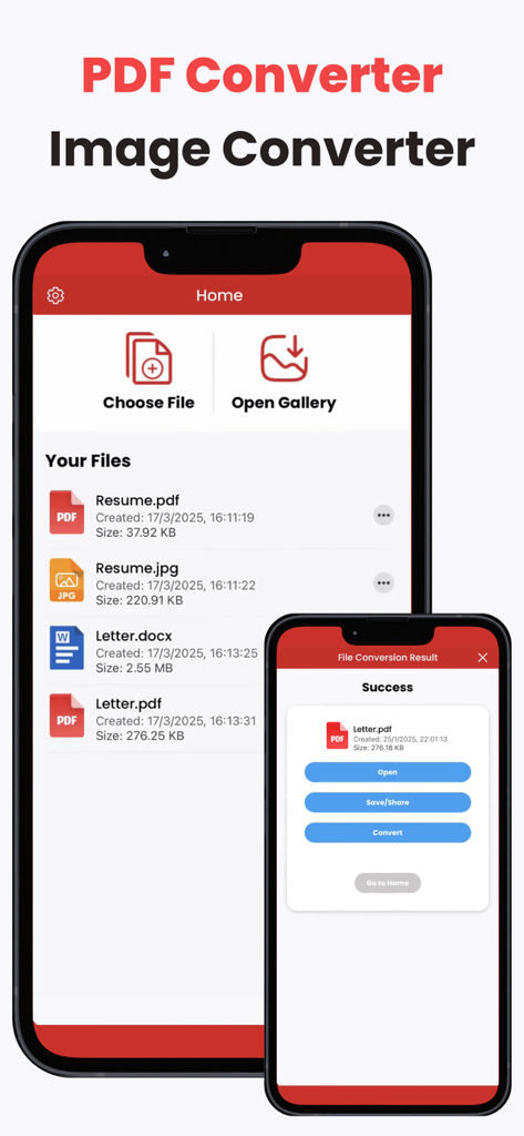 PDF Converter to WORD,JPEG,SVG - PDF Converter and Image Converter mobile app interface showing file list and successful conversion result