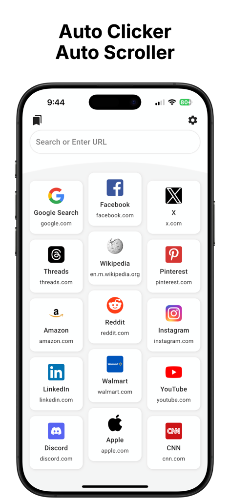 Auto Clicker : Auto Scroll - Auto Clicker app interface showing a web browser home page with shortcuts to popular websites like Reddit and YouTube
