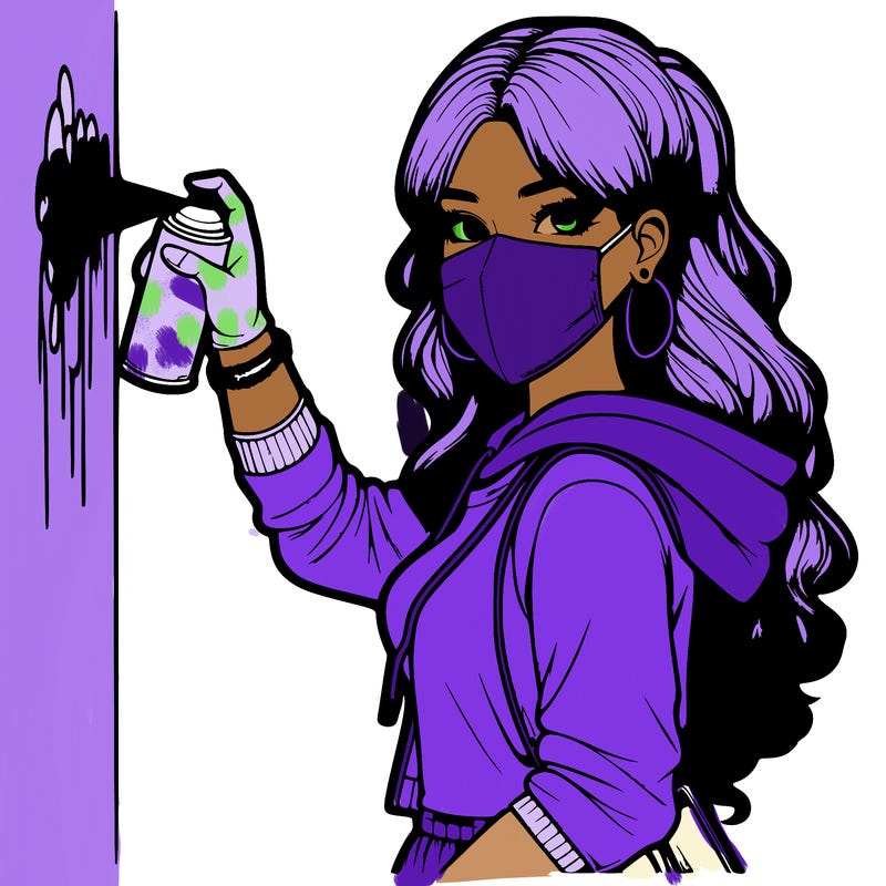 realistic girl with mask spray painting a wall