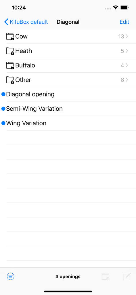 KifuBox - KifuBox app interface showing organized folders and variation lists for Reversi opening strategies