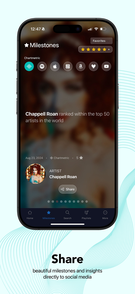 Interface do aplicativo móvel Chartmetric mostrando marcos de classificação de artistas e opções de compartilhamento em mídias sociais.
