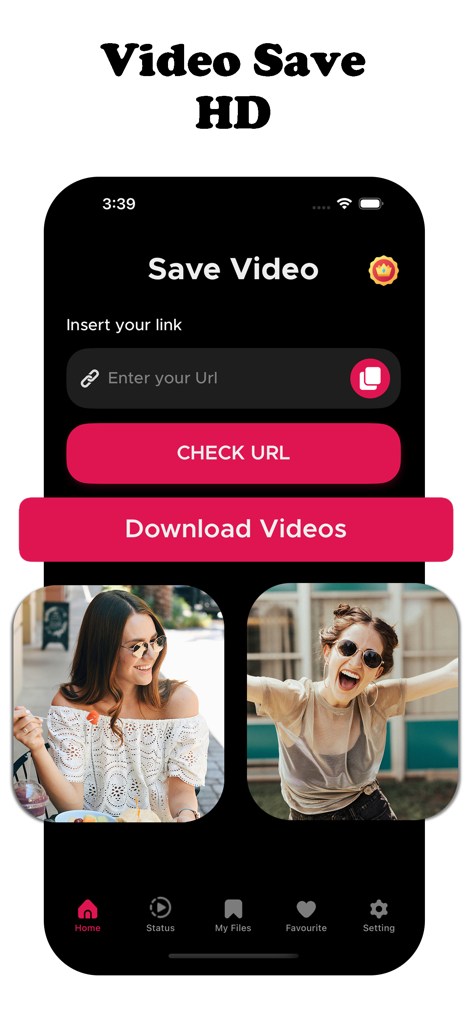 Oberfläche der HD Video Downloader App mit einem URL-Eingabefeld und Download-Schaltflächen.