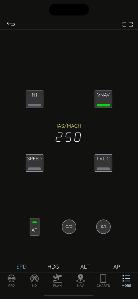 AirTrack NG app interface displaying Boeing style Mode Control Panel with autopilot speed settings
