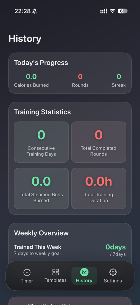 FlashRound app training history screen displaying workout progress and statistics