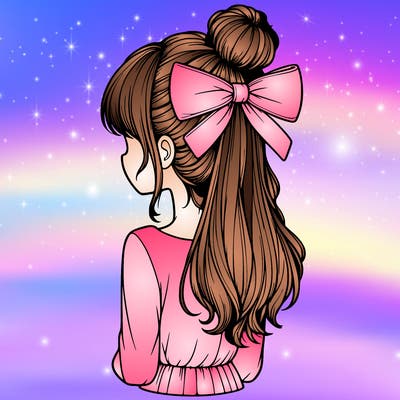 realistic girl  with hip length hair a bun and a big bow on the back of head