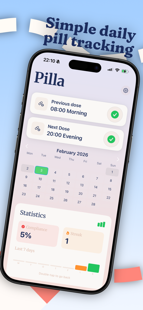 Pilla - Pill Reminder & Meds - Écran de l'application Pilla montrant le calendrier des prises de médicaments et les statistiques de conformité
