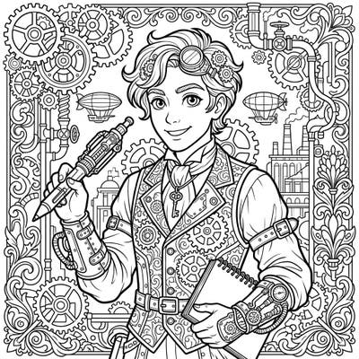 Embark on an intricate coloring adventure with this stunning Steampunk Self-Portrait, featuring a character adorned with gears, cogs, and Victorian flair. This detailed design invites you to bring a world of retro-futuristic imagination to life with your favorite colors.